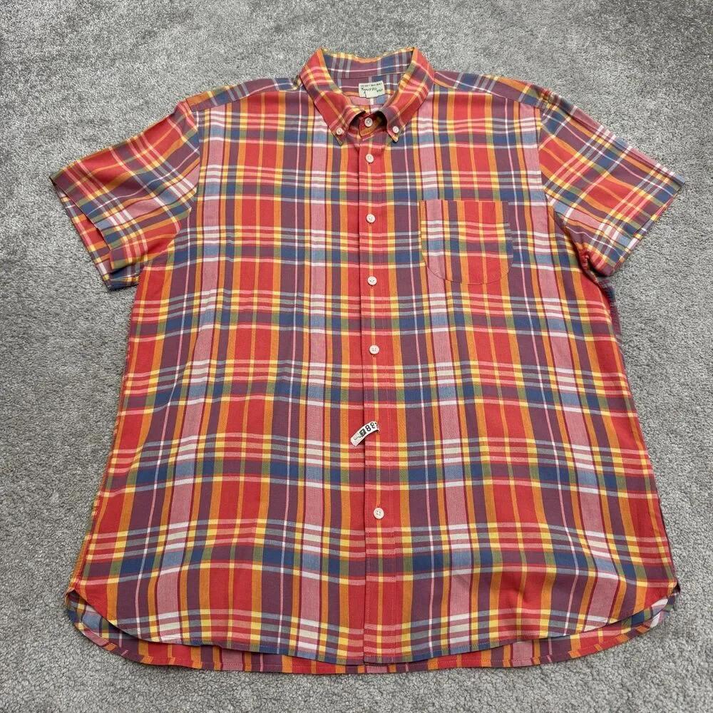 J.Crew Indian Madras Button Up Shirt Men XL Red Plaid Short Sleeve 100% Cotton